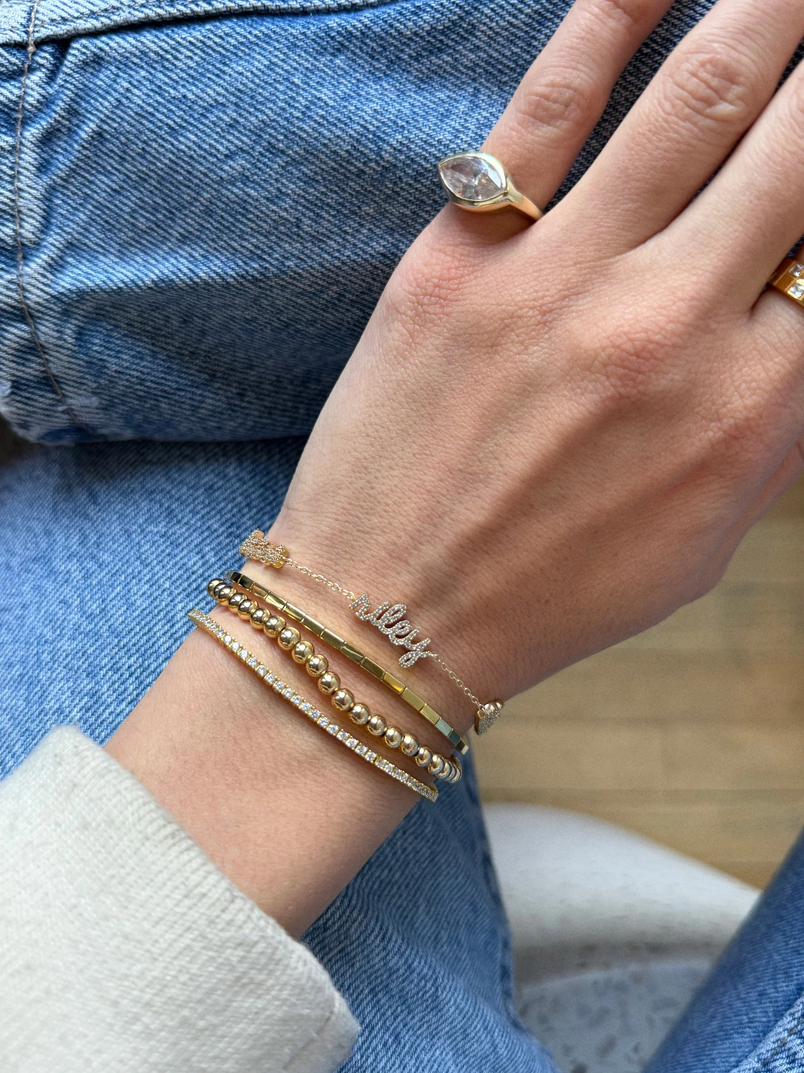 14K Gold/Pavé Custom Script Multi Name Bracelet - 3 Names - Image 2
