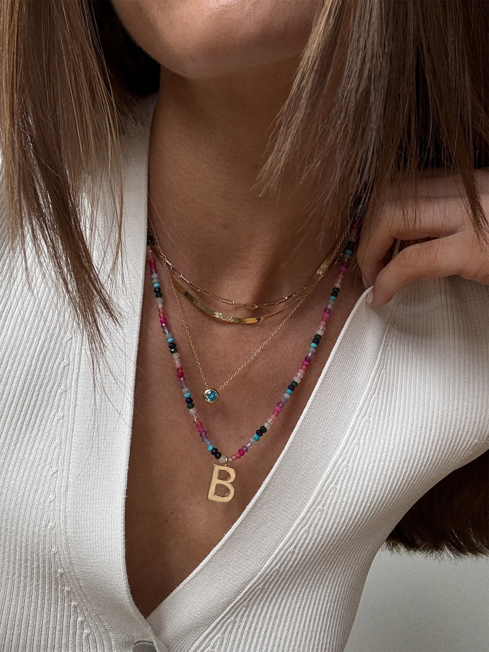 Semi-Precious Block Initial Necklace - Dark Multi - Image 2