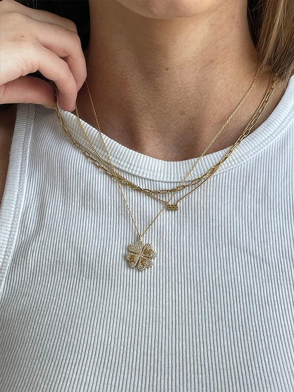 Clover 14K Gold Custom Pendant Necklace - 14K Gold. Pavé Cubic Zirconia Stones - Image 3