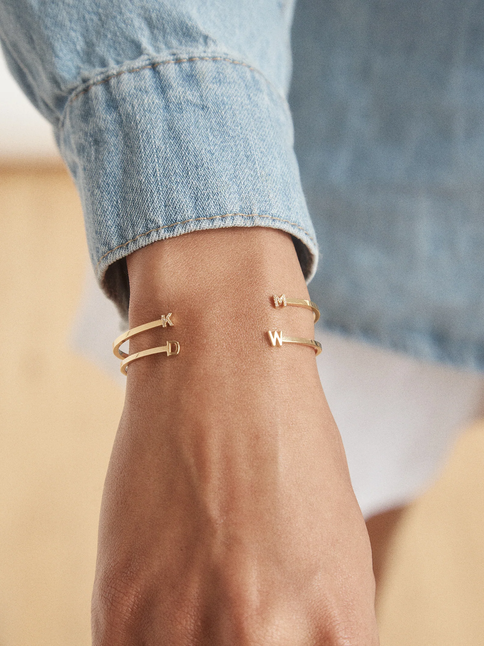 14K Gold Double Initial Custom Cuff Bracelet - Gold/Pavé - Image 4