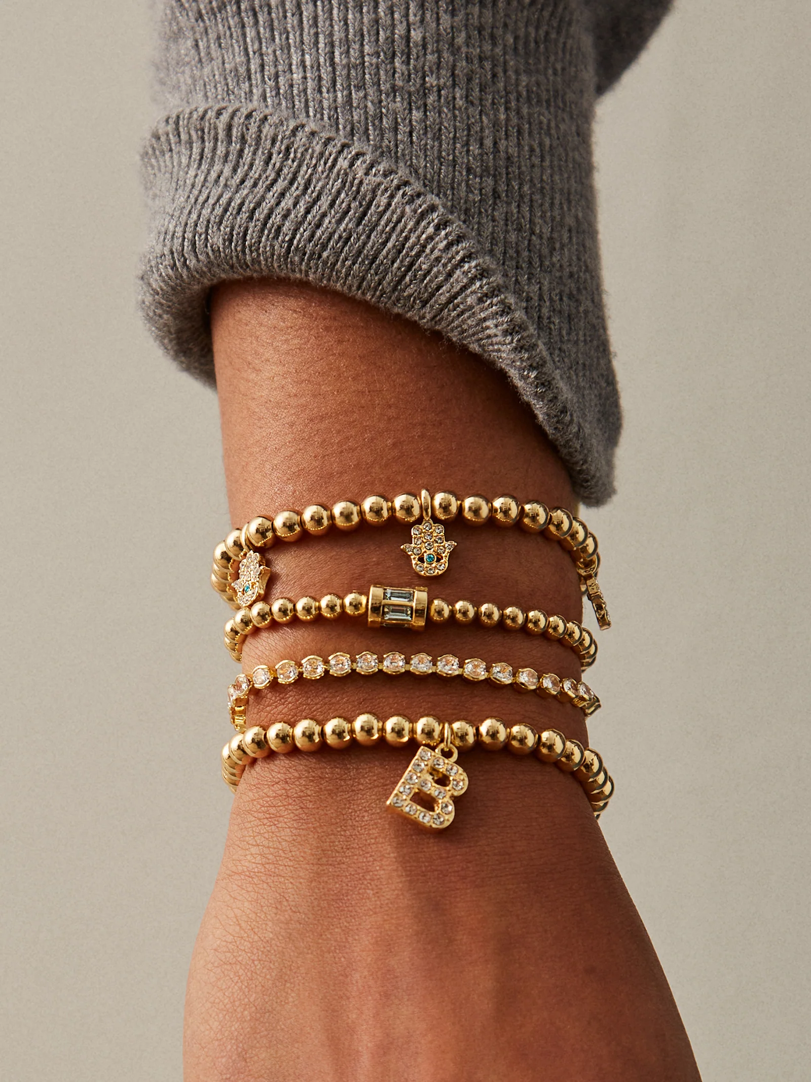 Gold/Pavé Dangle Charm Initial Pisa Bracelet  - E - Image 3