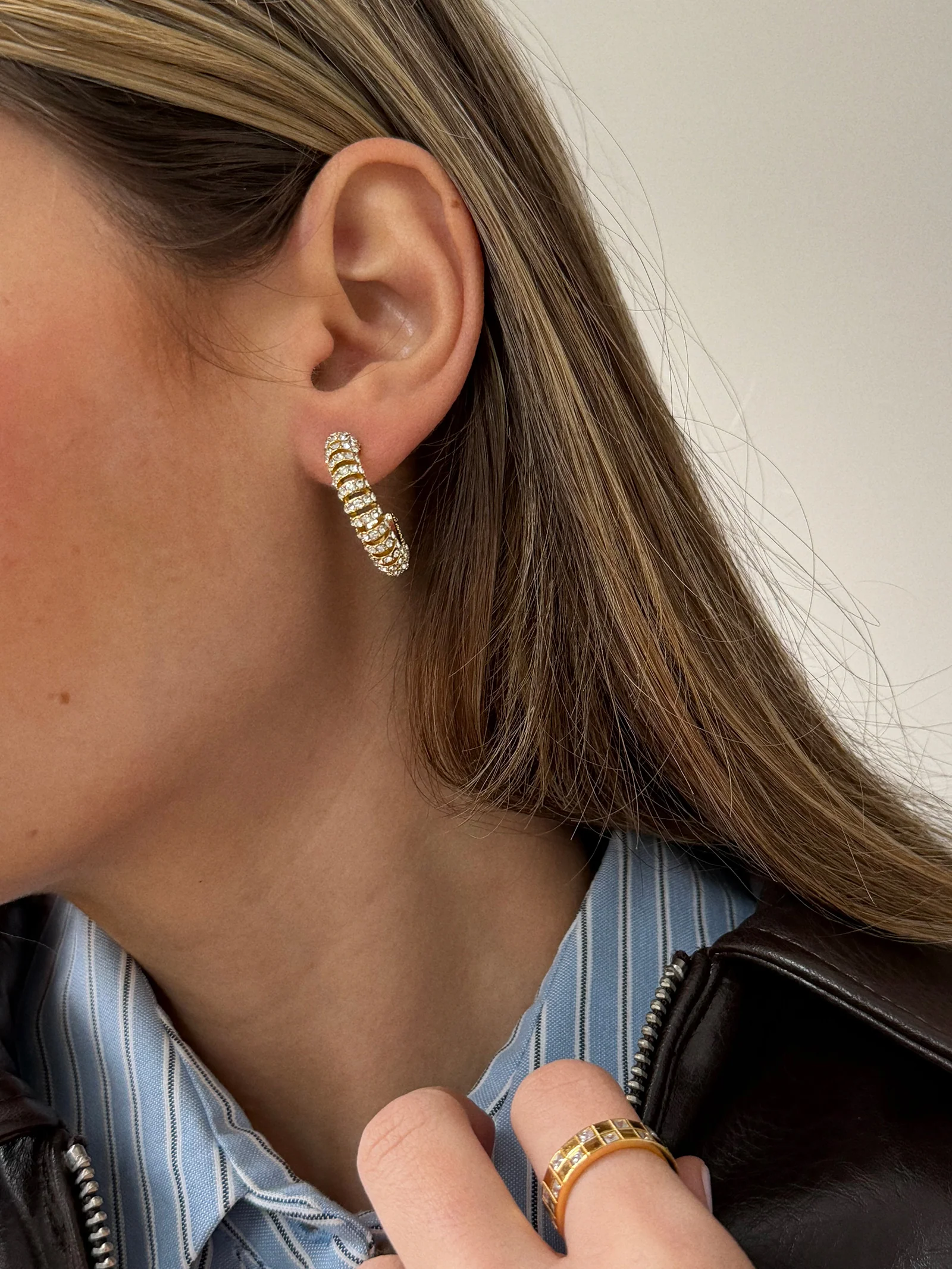 Gold and Crystal Tube Hoop Earrings - Gold/Pavé - Image 2