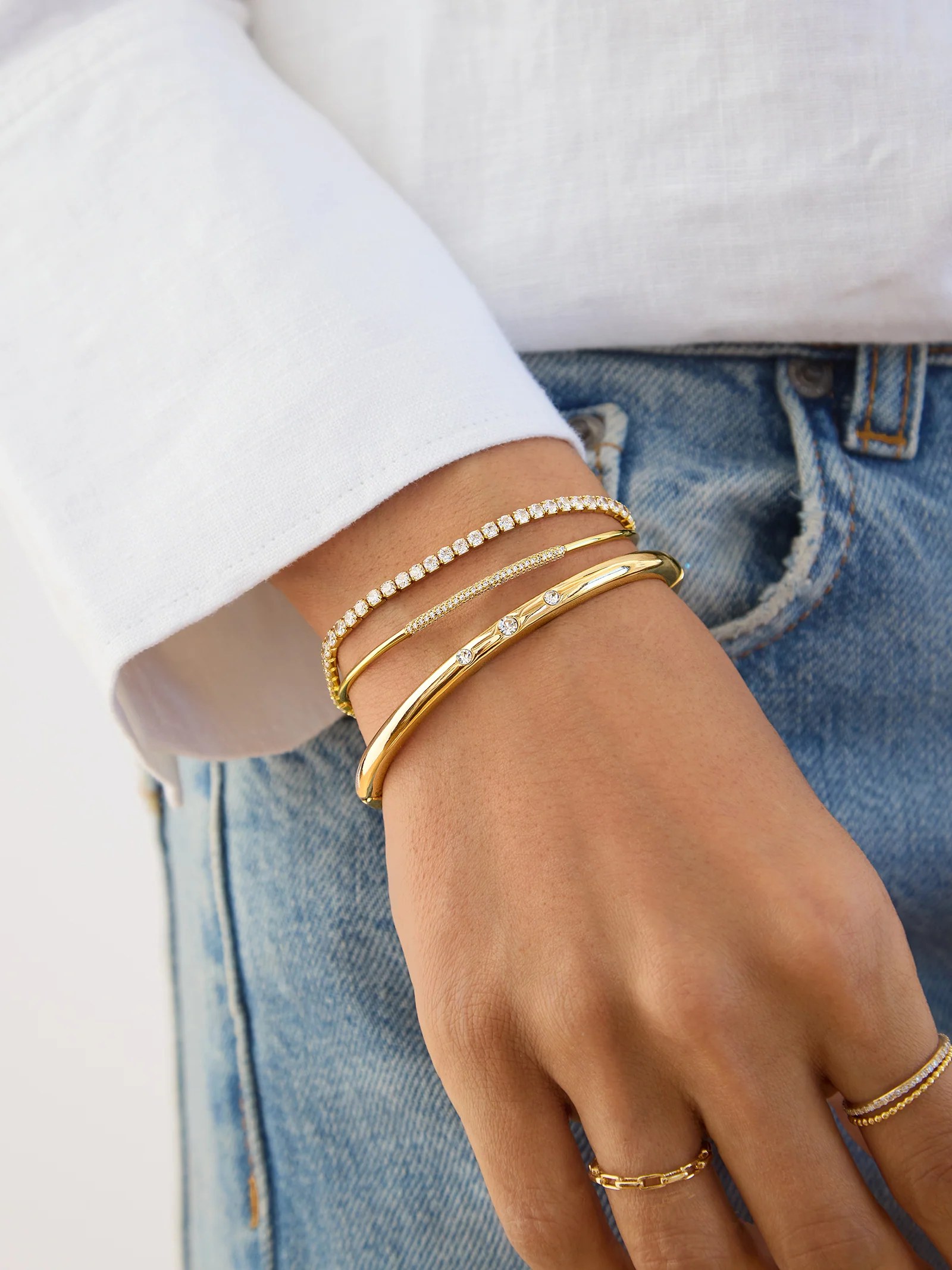 Nadia Classic Hinge Bangle - Classic Thin Gold Triple Bezel - Image 2