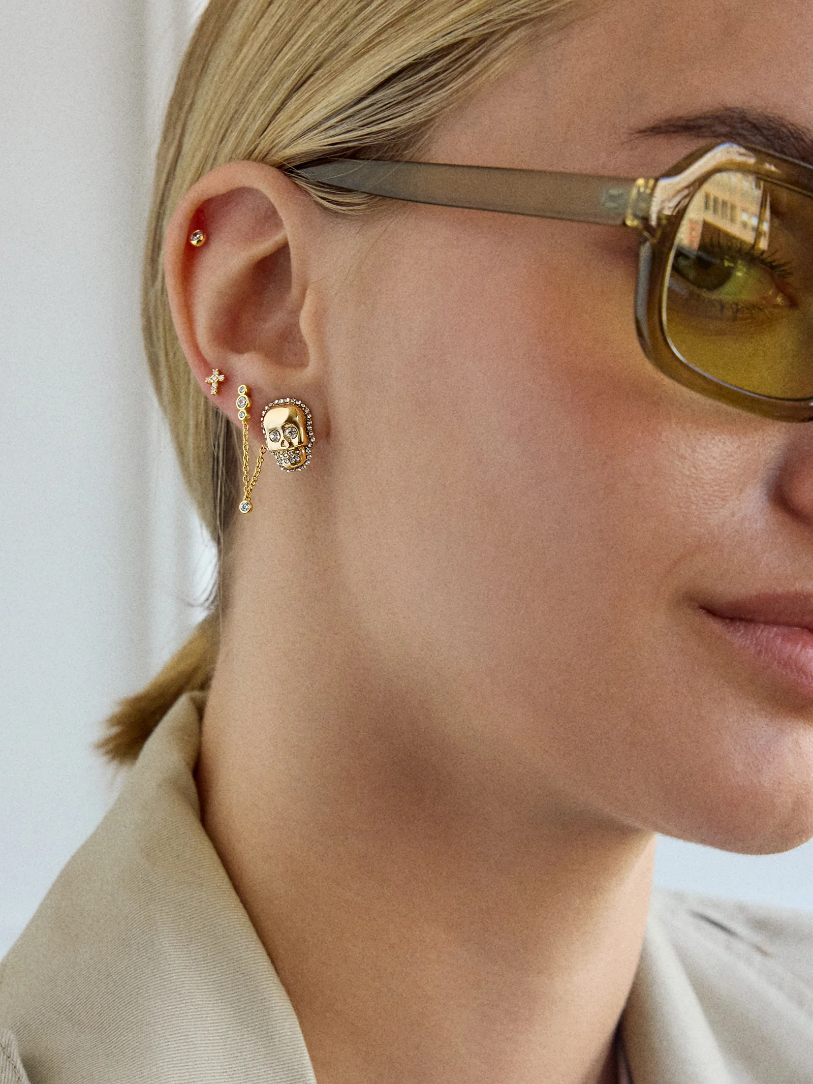Gold and Pavé Skull Stud Earrings  - Skull - Image 2