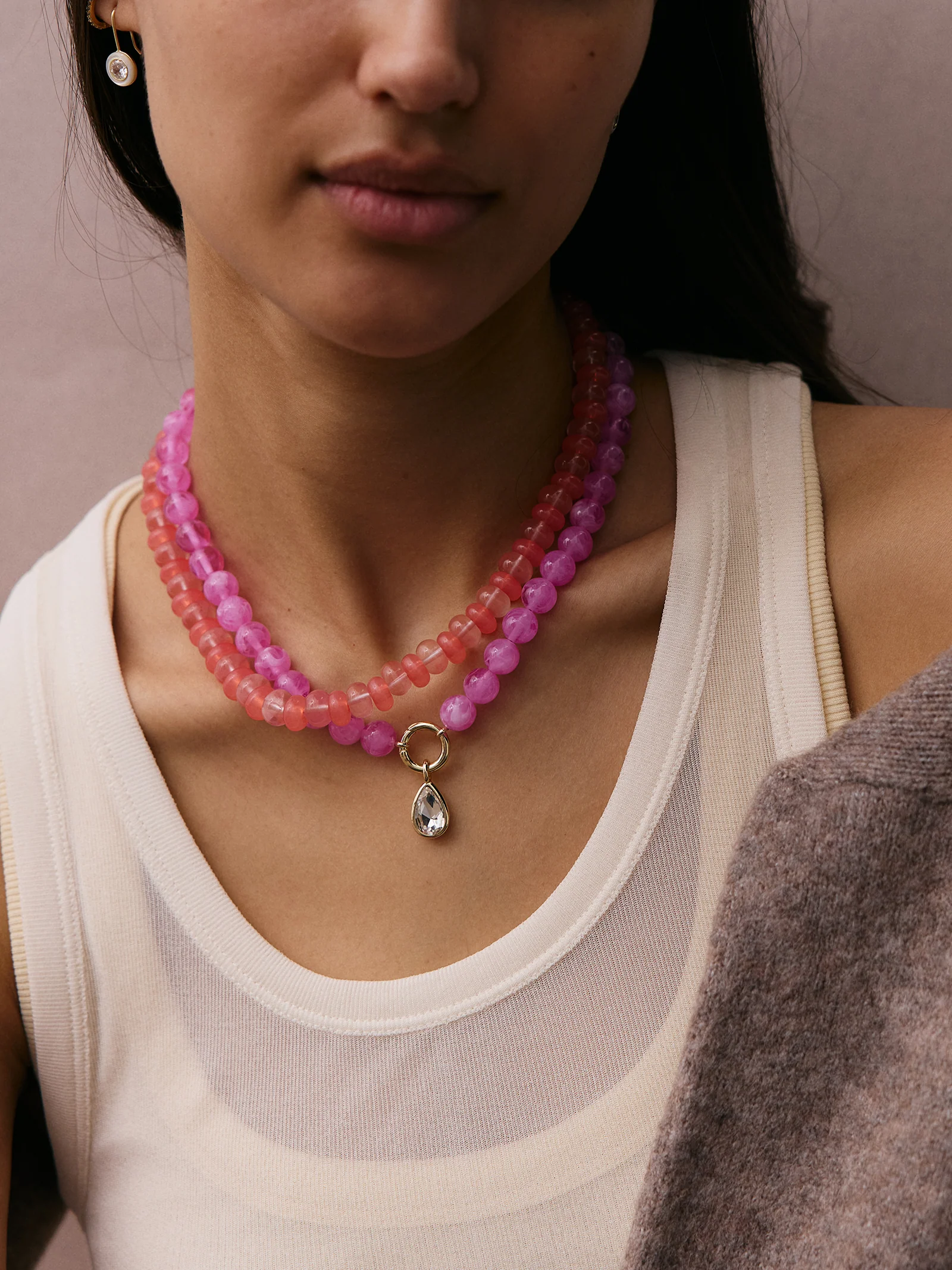 Janette Beaded Ring Necklace - Rose Quartz - Image 3