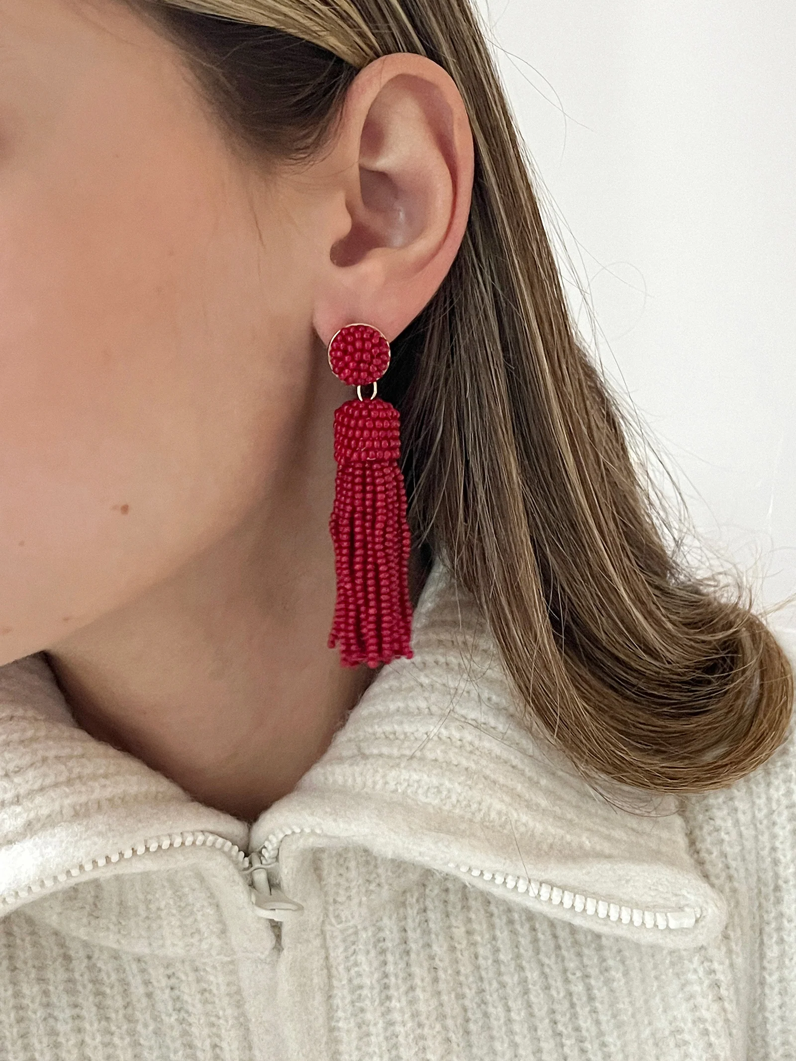 Maren Tassel Statement Earrings - Red - Image 2