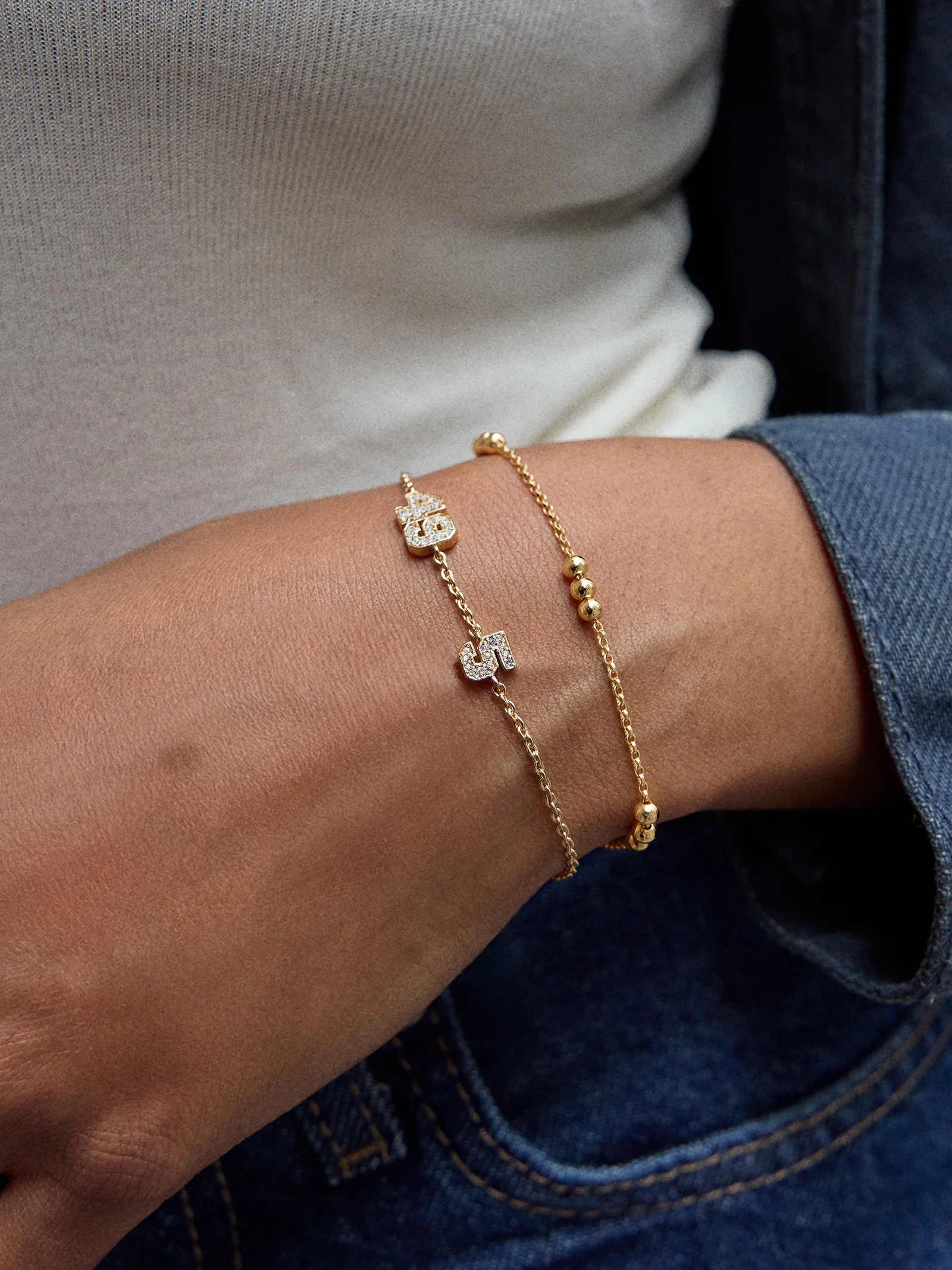 Varsity Number Custom Bracelet - Two Gold Stations - Image 2